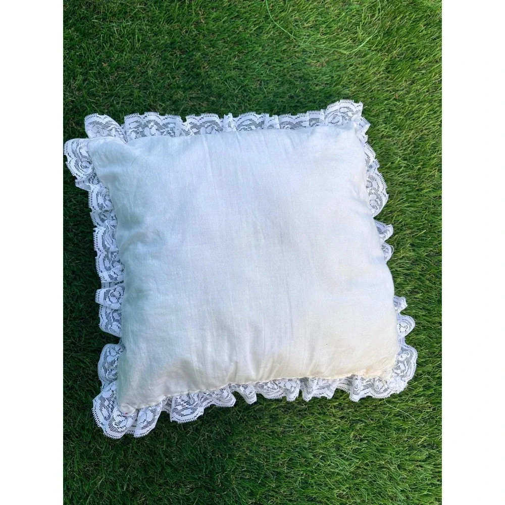 Vintage Quilted Christmas Tree Throw Pillow White Lace Ruffle Trim Holiday Decor